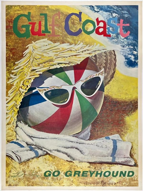 Original Vintage Poster GULF COAST GO GREYHOUND Bus USA Travel Florida Beach OL: Dimensions: 29.7 x 39.8 in. / 75.5 x 101 cm.; Circa: 1960s Original vintage "GULF COAST - GO GREYHOUND" poster, illustrated by an anonymous artist, and printed by LITHO IN U.S.A. circa 1960s.
