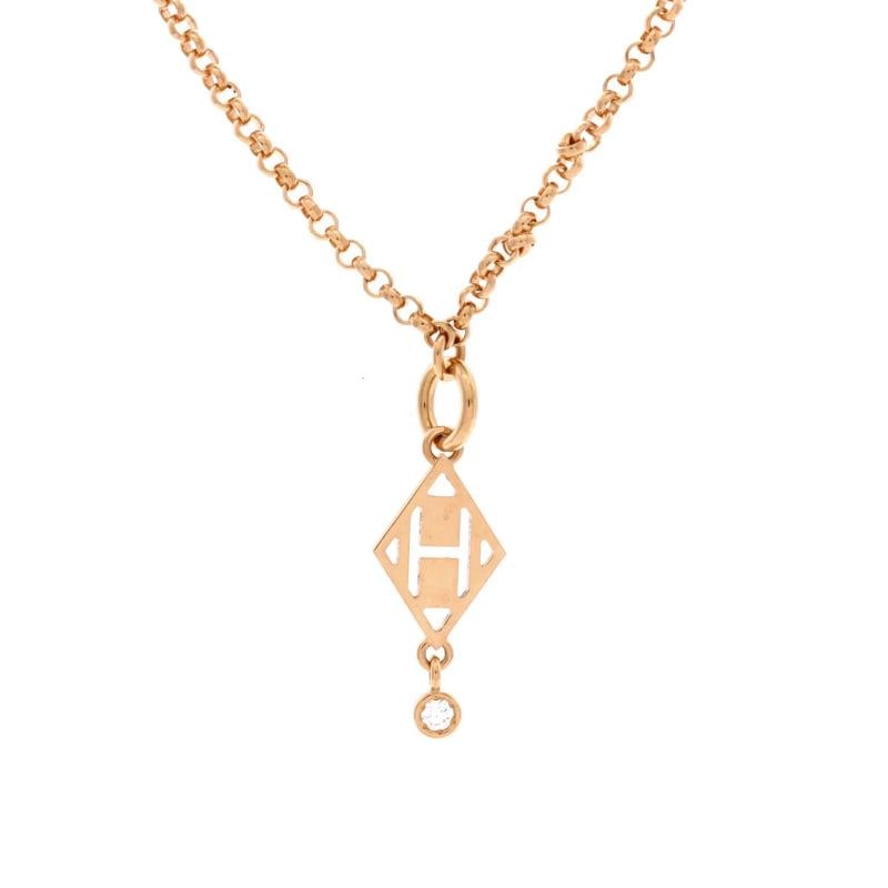 Hermes Gambade H Pendant Necklace 18K Rose Gold with Diamond: Condition: Pre-owned - Good,Brand: Hermes,Main Stone: Diamond,Metal: 18K Rose Gold,Metal Purity: 18K,Style: Pendant,Type: Necklace,Color: Rose Gold,Material: 18K Rose Gold, Diamond Estimated Retail