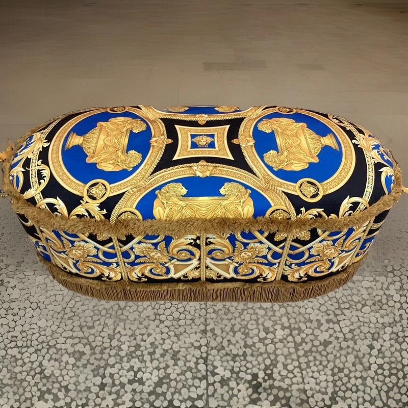 XL CUSTOM MADE VERSACE OTTOMAN VELVET LION AND URN VELVET WITH GOLD FRINGE: Condition: Used: An item that has been used previously. The item may have some signs of cosmetic wear, but is fully operational and functions as intended. This item may be a floor model or store retur