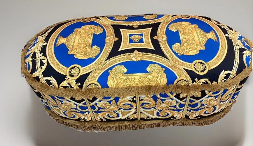 XL CUSTOM MADE VERSACE OTTOMAN VELVET LION AND URN VELVET WITH GOLD FRINGE - 2