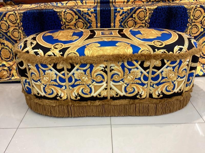XL CUSTOM MADE VERSACE OTTOMAN VELVET LION AND URN VELVET WITH GOLD FRINGE - 3