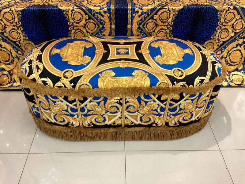 XL CUSTOM MADE VERSACE OTTOMAN VELVET LION AND URN VELVET WITH GOLD FRINGE - 9