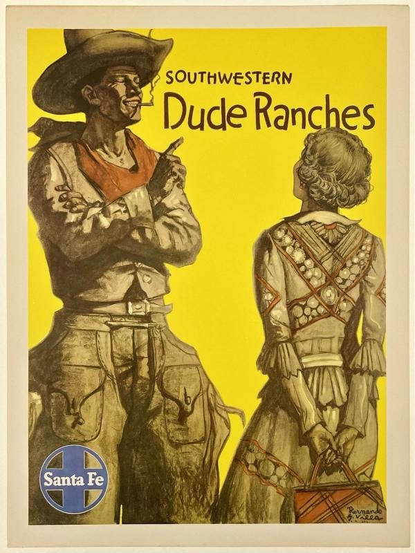 Original Vintage Poster SANTA FE RAILROAD DUDE RANCHES Rail Travel Tourism LINEN: Dimensions: 18.1 x 24 in. / 46 x 61 cm.; Circa: 1949 Original vintage "SANTA FE RAILROAD - SOUTHWESTERN DUDE RANCHES" railroad travel poster, plate signed by its artist, HERNANDO VILLA, and printed ci