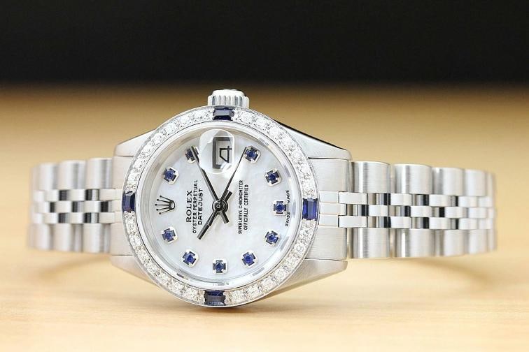 ROLEX LADIES DATEJUST 6919 MOTHER OF PEARL SAPPHIRE DIAMOND 18K GOLD SS WATCH - 2