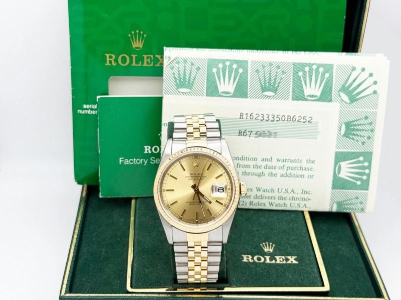 Rolex Datejust 16233 36mm Champagne Dial 18k Yellow Gold Steel Box Paper: Condition: Pre-owned - Excellent,Bezel Color: Gold, Yellow,Year Manufactured: 1980-1989,Band/Strap: Rolex Jubilee,Case Color: Silver,Department: Men,Bezel Type: Fluted,Watch Shape: Round,Style: Casual