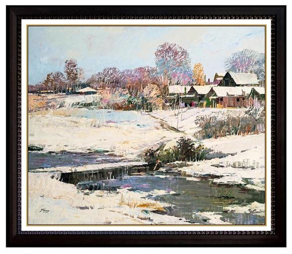 Ming Feng Original Oil Painting On Canvas Signed Winter Landscape Framed Artwork: he immaculate artwork is of impressive craftsmanship and size, measuring approximately 20" x 24" and 28" x 32" with the custom frame constructed specifically for this painting.
