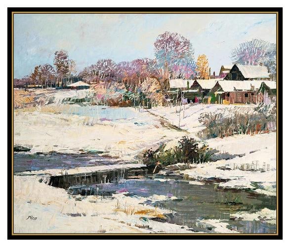 Ming Feng Original Oil Painting On Canvas Signed Winter Landscape Framed Artwork - 2