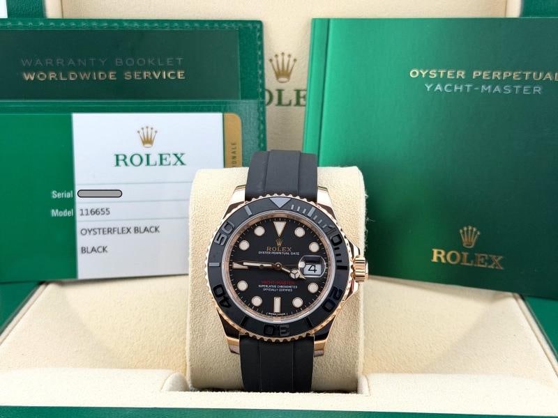 Rolex Yacht Master Oysterflex 116655 40mm 18k Rose Gold Box Papers: Condition: Pre-owned - Excellent,Bezel Color: Black,Year Manufactured: 2010-2019,Band/Strap: Rolex Oysterflex,Case Color: Rose Gold,Department: Men,Watch Shape: Round,Style: Casual, Classic, Dress/For