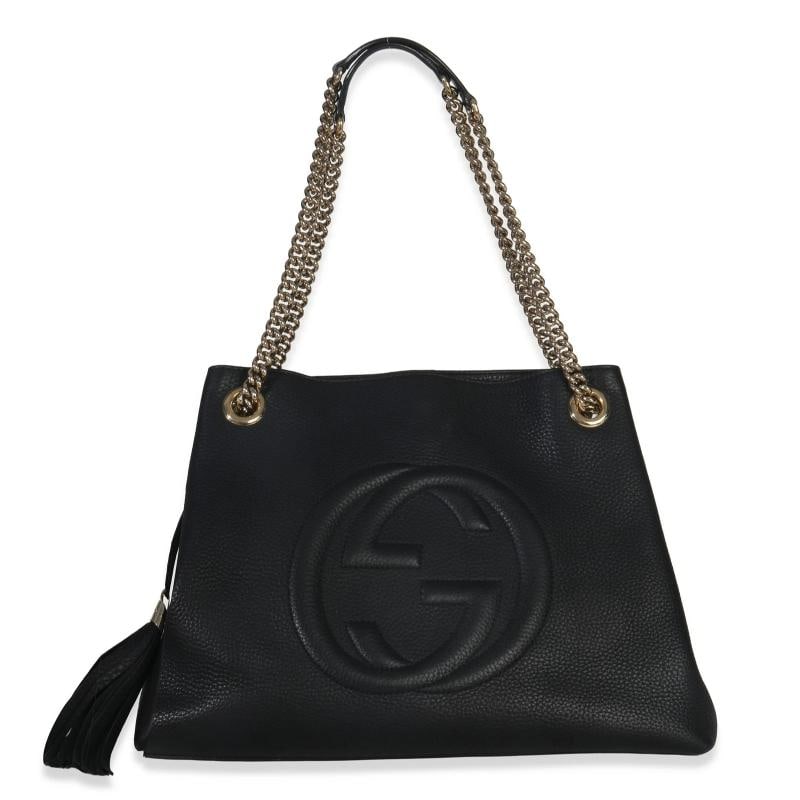Gucci Black Pebbled Calfskin Medium Soho Chain Shoulder Bag: Condition: Pre-owned - Good,Country of Origin: Italy,Dimensions: 14.5 x 10.5 x 5,Handbag Accessories: None,Bag Width: 14.5 in,Bag Depth: 5 in,Bag Height: 10.5 in,Department: Unisex,Style: Shoulder
