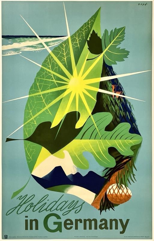 Original Vintage Poster HOLIDAYS IN GERMANY German Travel Tourism LINEN: Dimensions: 25.4 x 40 in. / 64.5 x 101.6 cm.; Circa: 1952 Original vintage "HOLIDAYS IN GERMANY" travel poster, plate signed by its artist, ZEPF, and printed circa 1952.