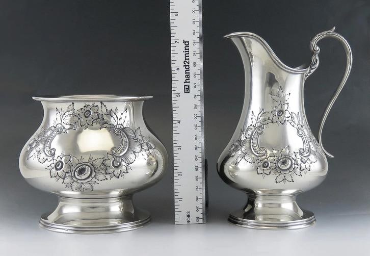 Antique Art Nouveau Sterling Silver Stieff Repousse Tea Creamer & Sugar Bowl - 3