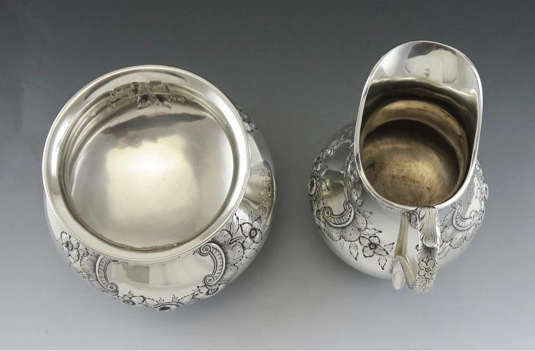Antique Art Nouveau Sterling Silver Stieff Repousse Tea Creamer & Sugar Bowl - 5
