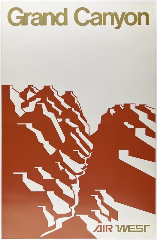 Original Vintage Poster GRAND CANYON AIR WEST Howard Hughes Airline Travel LINEN: Dimensions: 24 x 37 in. / 61 x 94 cm.; Circa: 1970 Original vintage "GRAND CANYON - AIR WEST" poster, designed by an anonymous artist, and printed circa 1970.