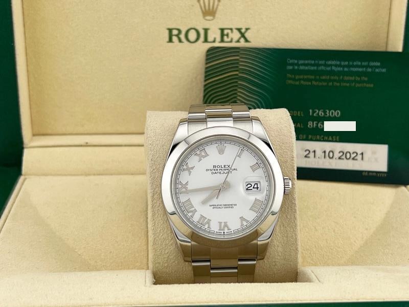 Rolex Datejust 41 126300 White Roman Dial Stainless Steel Box Paper 2021: Condition: Pre-owned - Good,Country of Origin: Switzerland,Bezel Color: Silver,Indices: Roman Numerals,Year Manufactured: 2020-Now,Band/Strap: Rolex Oyster,Case Color: Silver,Department: Men,Bezel