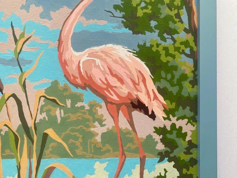 RARE VINTAGE 1950'S ART DECO PAINT BY NUMBER " FLAMINGO " CUSTOM FRAMED PAINTING - 10