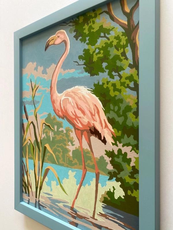 RARE VINTAGE 1950'S ART DECO PAINT BY NUMBER " FLAMINGO " CUSTOM FRAMED PAINTING - 11