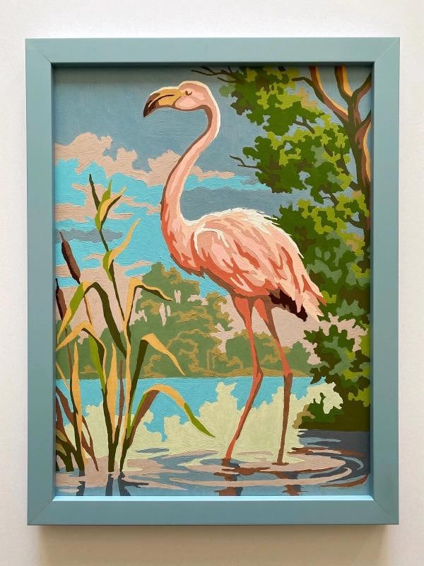RARE VINTAGE 1950'S ART DECO PAINT BY NUMBER " FLAMINGO " CUSTOM FRAMED PAINTING: Condition: Used,Unit of Sale: Single-Piece Work,Size: Medium (up to 36in.),Signed: No,Color: Multi-Color,Period: Post-War (1940-1970),Title: " Pink Flamingo ",Material: Enamel,Framing: