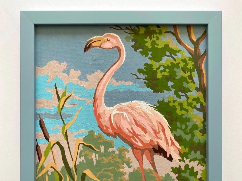 RARE VINTAGE 1950'S ART DECO PAINT BY NUMBER " FLAMINGO " CUSTOM FRAMED PAINTING - 2
