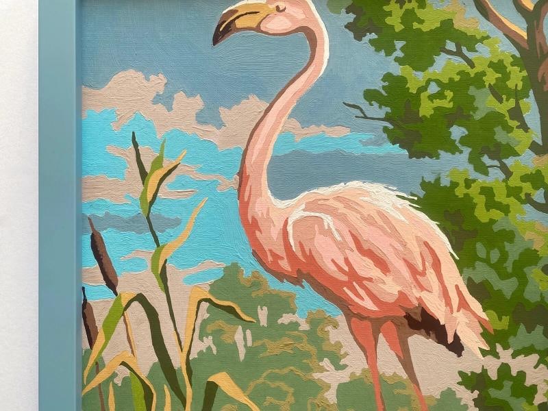 RARE VINTAGE 1950'S ART DECO PAINT BY NUMBER " FLAMINGO " CUSTOM FRAMED PAINTING - 5