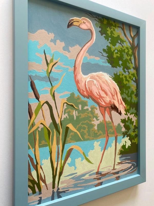 RARE VINTAGE 1950'S ART DECO PAINT BY NUMBER " FLAMINGO " CUSTOM FRAMED PAINTING - 6
