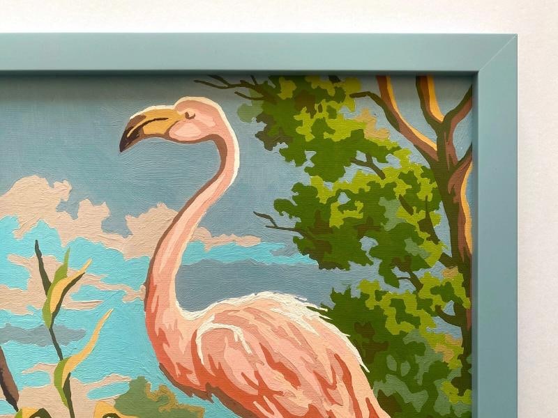 RARE VINTAGE 1950'S ART DECO PAINT BY NUMBER " FLAMINGO " CUSTOM FRAMED PAINTING - 8