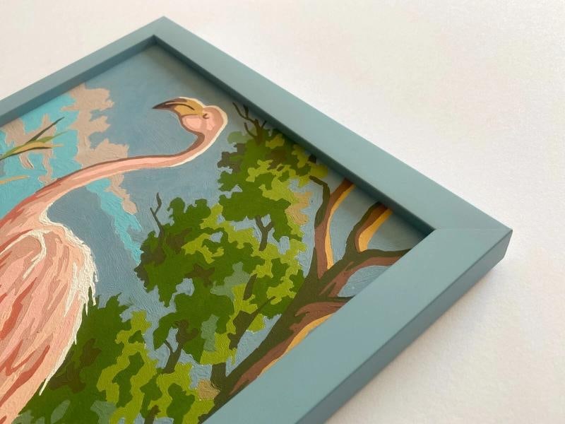RARE VINTAGE 1950'S ART DECO PAINT BY NUMBER " FLAMINGO " CUSTOM FRAMED PAINTING - 9