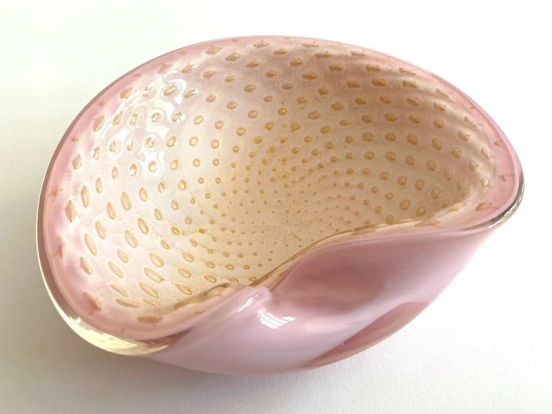 MID CENTURY MODERN BARBINI MURANO ITALY ART GLASS PINK GOLD LEAF BULLICANTE BOWL - 10