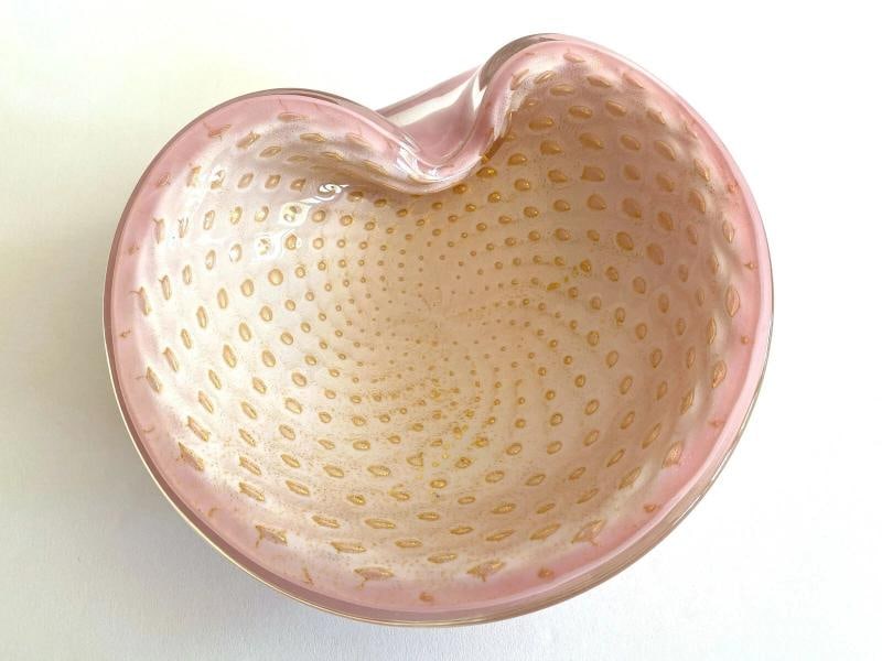 MID CENTURY MODERN BARBINI MURANO ITALY ART GLASS PINK GOLD LEAF BULLICANTE BOWL - 11