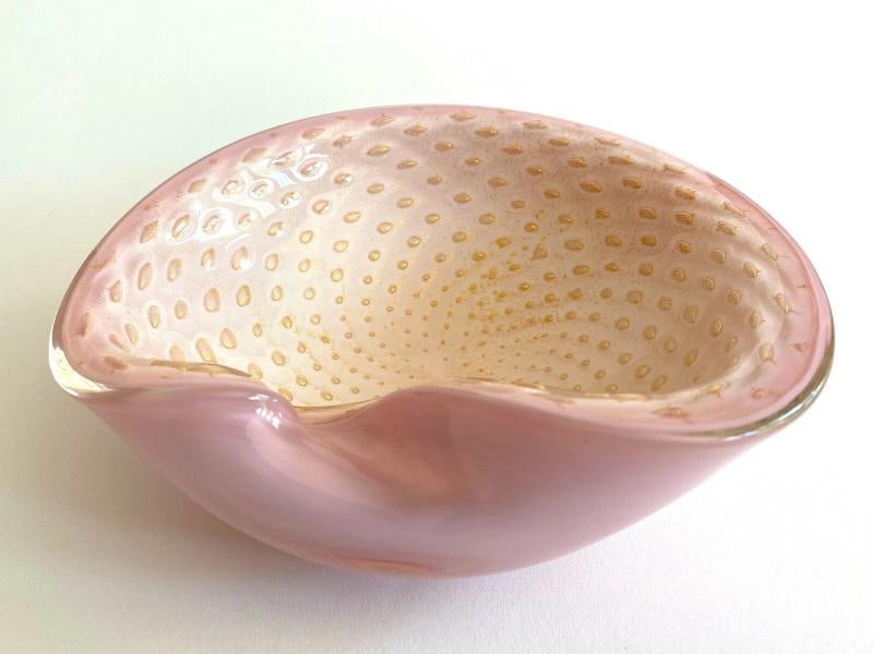 MID CENTURY MODERN BARBINI MURANO ITALY ART GLASS PINK GOLD LEAF BULLICANTE BOWL - 2