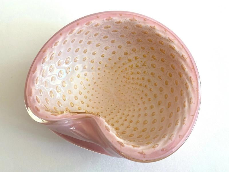 MID CENTURY MODERN BARBINI MURANO ITALY ART GLASS PINK GOLD LEAF BULLICANTE BOWL - 3