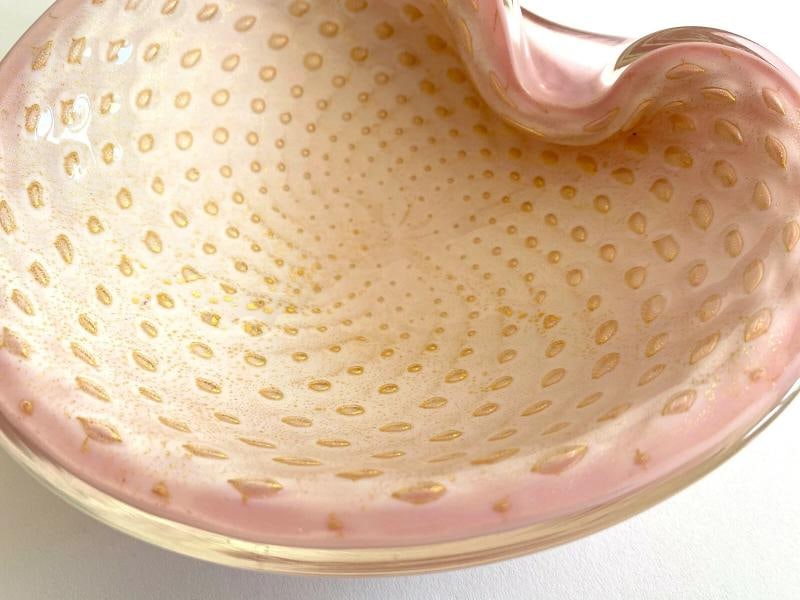 MID CENTURY MODERN BARBINI MURANO ITALY ART GLASS PINK GOLD LEAF BULLICANTE BOWL - 4