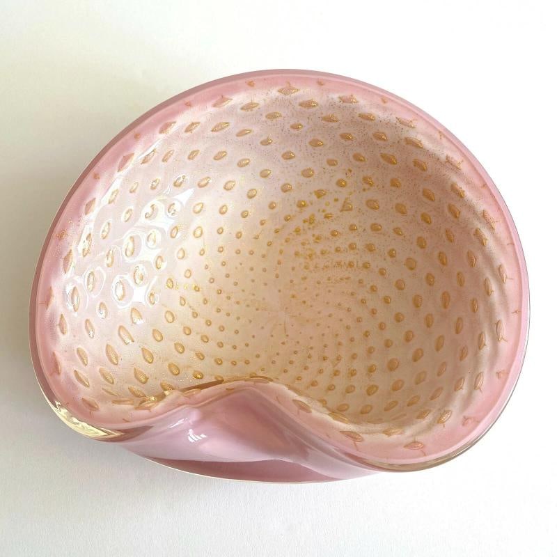 MID CENTURY MODERN BARBINI MURANO ITALY ART GLASS PINK GOLD LEAF BULLICANTE BOWL - 5