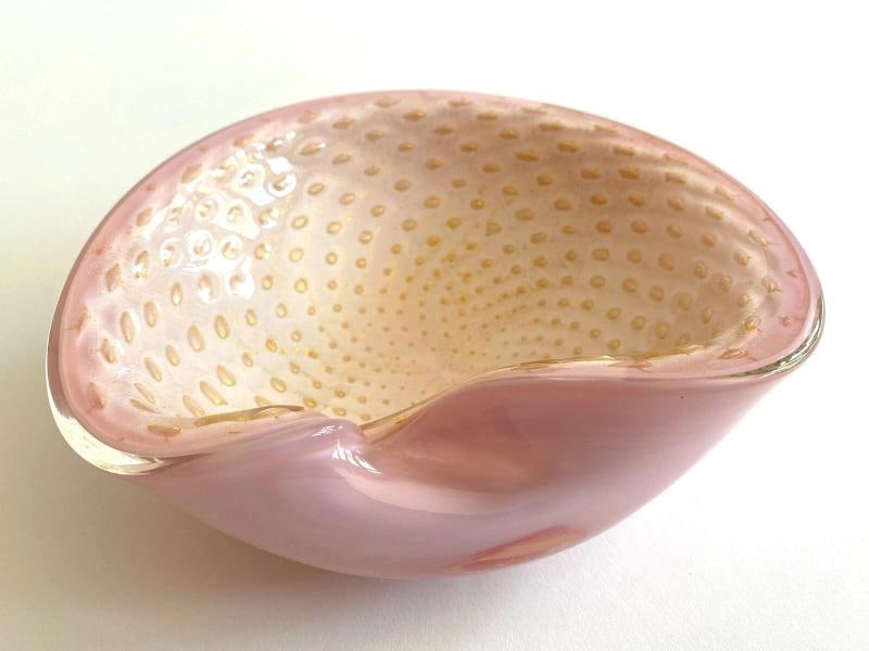 MID CENTURY MODERN BARBINI MURANO ITALY ART GLASS PINK GOLD LEAF BULLICANTE BOWL - 6
