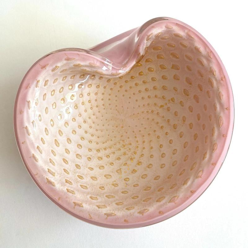 MID CENTURY MODERN BARBINI MURANO ITALY ART GLASS PINK GOLD LEAF BULLICANTE BOWL - 7