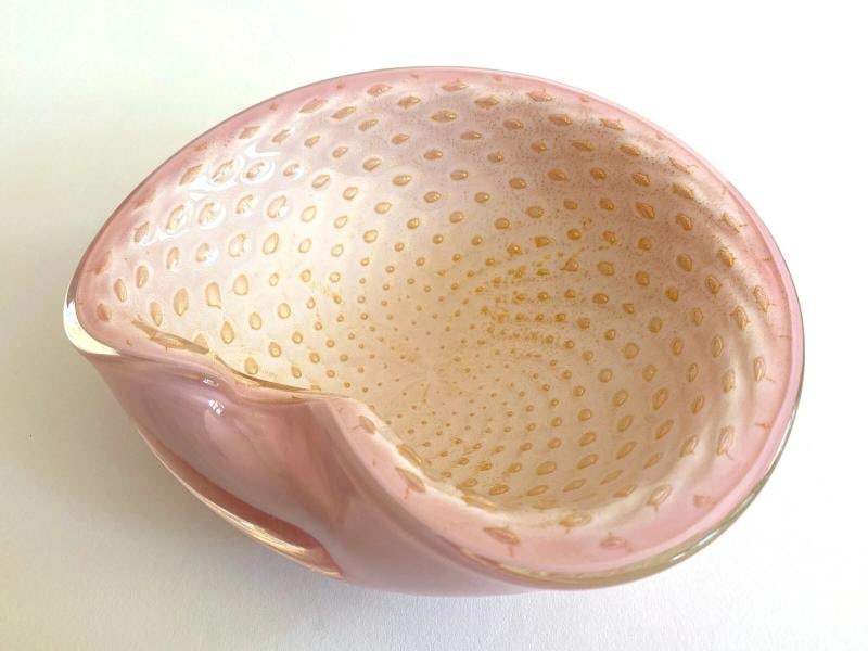 MID CENTURY MODERN BARBINI MURANO ITALY ART GLASS PINK GOLD LEAF BULLICANTE BOWL - 8