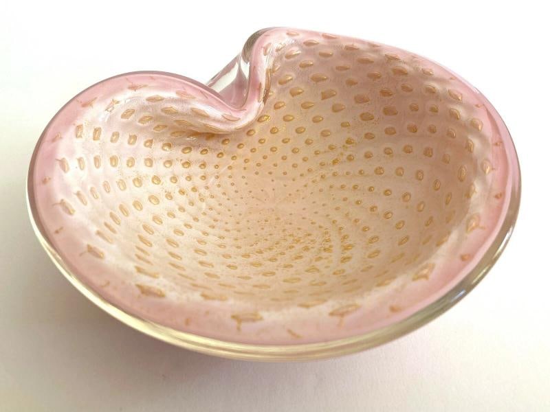 MID CENTURY MODERN BARBINI MURANO ITALY ART GLASS PINK GOLD LEAF BULLICANTE BOWL - 9
