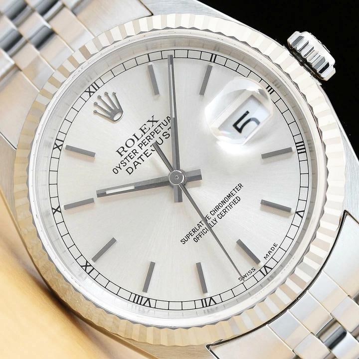 ROLEX MENS DATEJUST 16234 SILVER DIAL 18K WHITE GOLD BEZEL STAINLESS STEEL WATCH: Condition: Pre-owned - Excellent,Bezel Color: Silver,Max Wrist Size: 7.26-7.5 in,Number of Jewels: 31 Jewels,Indices: Stick Indexes, 12-Hour Dial,Bezel: Rolex 18K White Gold Fluted Bezel,Band/Strap: B