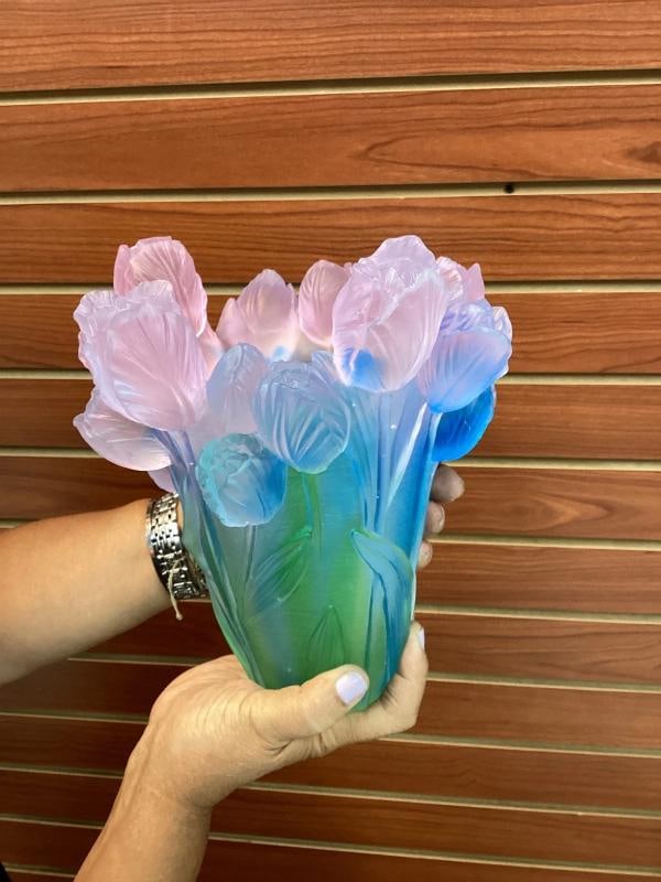 Xl Nancy Daum style blue pink Ombere tulip vase H9 heavy Art glass maker unknow - 10