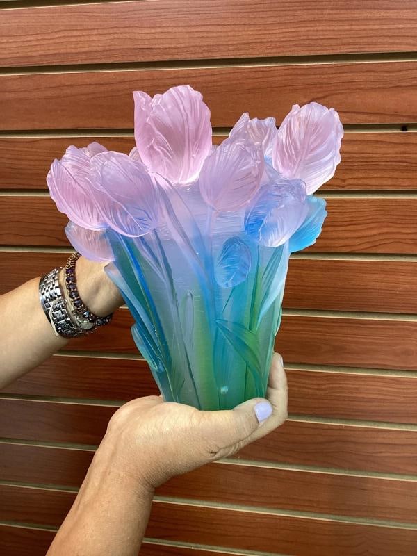 Xl Nancy Daum style blue pink Ombere tulip vase H9 heavy Art glass maker unknow - 11