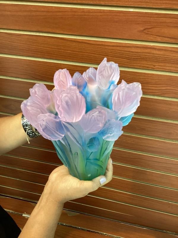 Xl Nancy Daum style blue pink Ombere tulip vase H9 heavy Art glass maker unknow - 12