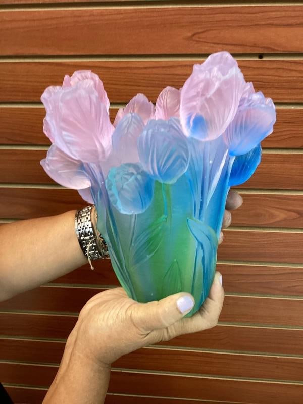 Xl Nancy Daum style blue pink Ombere tulip vase H9 heavy Art glass maker unknow - 13
