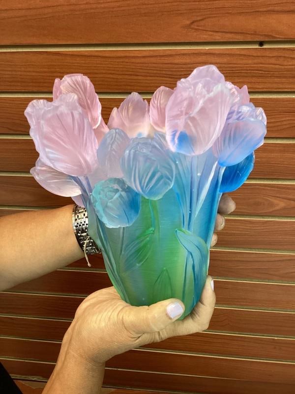 Xl Nancy Daum style blue pink Ombere tulip vase H9 heavy Art glass maker unknow - 2