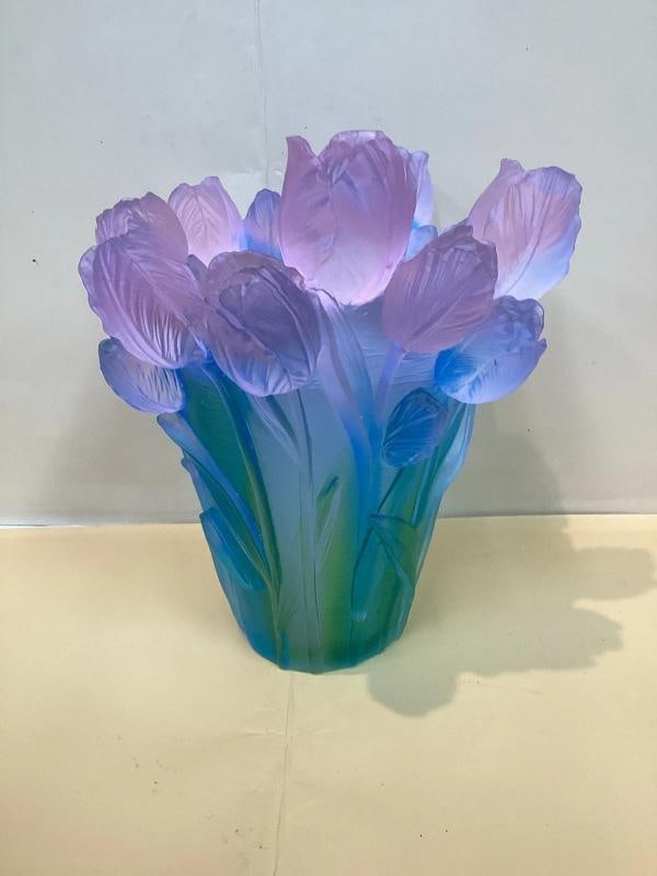 Xl Nancy Daum style blue pink Ombere tulip vase H9 heavy Art glass maker unknow - 6