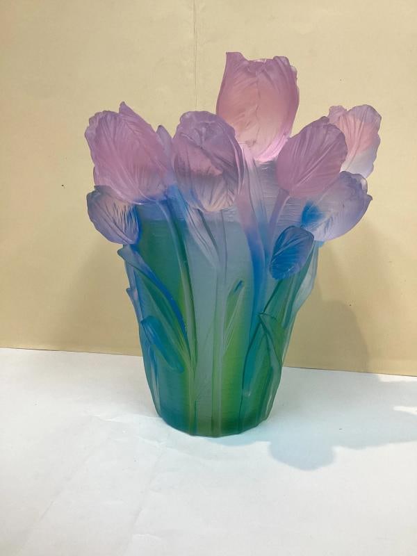 Xl Nancy Daum style blue pink Ombere tulip vase H9 heavy Art glass maker unknow - 9