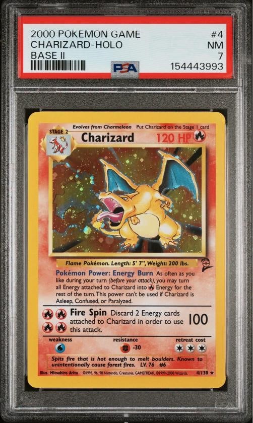 POKEMON CHARIZARD HOLO 4 WOTC BASE II 2000 PERFECT FLAME SWIRL NEW CERT PSA 7 (1 of 2)