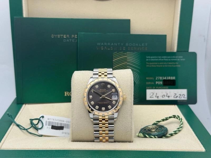 Rolex Datejust Midsize 278343RBR 31mm Grey Diamond Dial 18k Gold Steel Box Paper: Condition: Pre-owned - Excellent,Bezel Color: Gold, Yellow,Year Manufactured: 2020-Now,Band/Strap: Rolex Jubilee,Case Color: Silver,Department: Women,Bezel Type: Diamond,Watch Shape: Round,Style: Casu