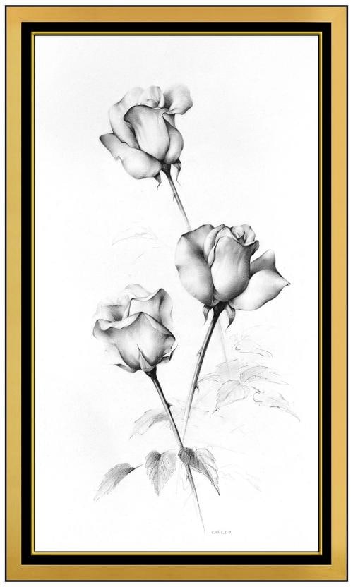 Alexander Canedo Original Charcoal Drawing Signed Still Life Rose Framed Artwork (1 of 4)