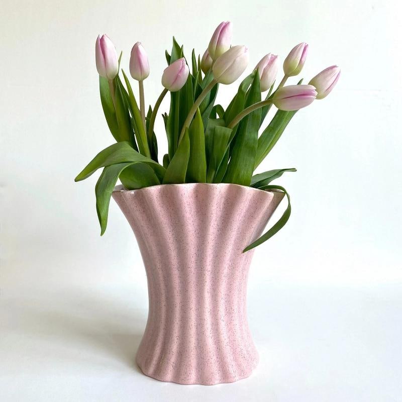 1950'S MID CENTURY MODERN BAUER ART POTTERY PINK SPECKLE FLUTED LRG FLOWER VASE - 2