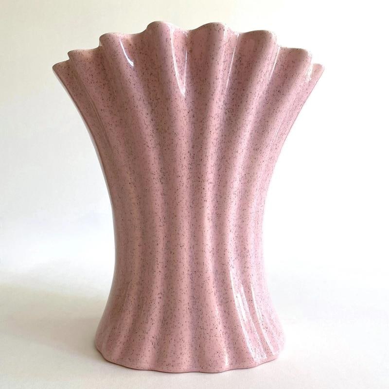 1950'S MID CENTURY MODERN BAUER ART POTTERY PINK SPECKLE FLUTED LRG FLOWER VASE - 5