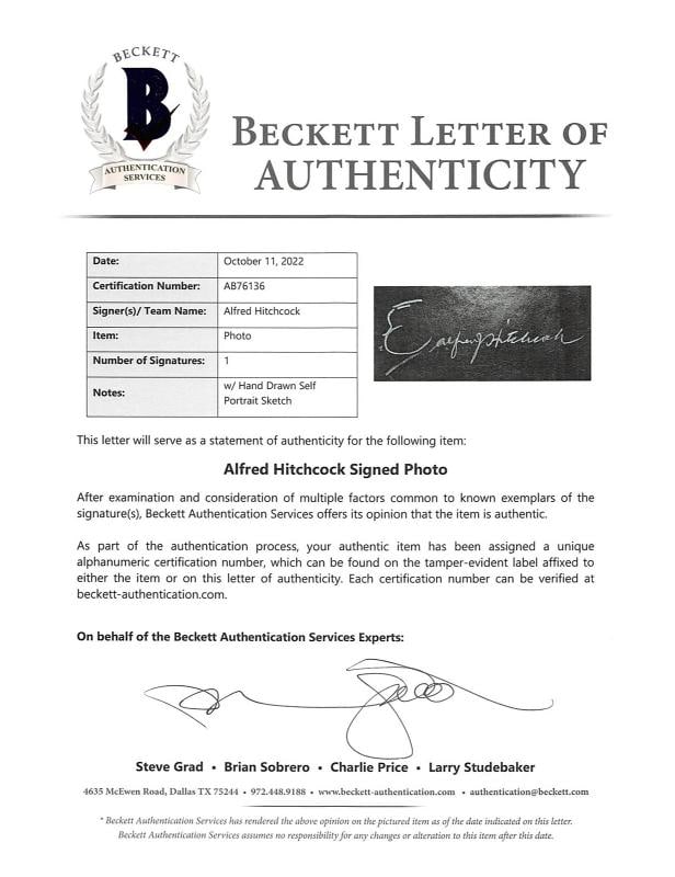 Alfred Hitchcock Signed B&W 10x13 Photo w/ Self Portrait Sketch BAS #AB76136 - 7